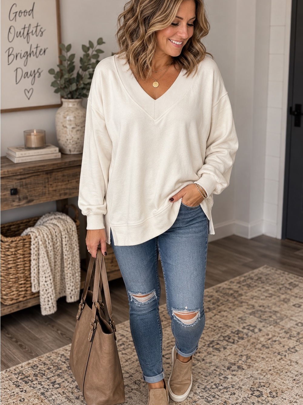 Pink Rose Cream V-Neck Oversized Sweater